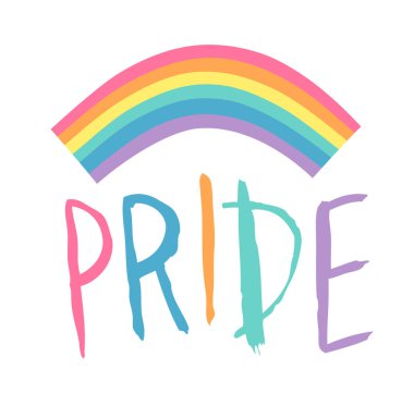 Vektör Düz Çizim Gökkuşağı ve metin. Çizgi film Renkli Gurur Çizimi. LGBTQ Bayrak Desteği Simgesi ve Alıntısı