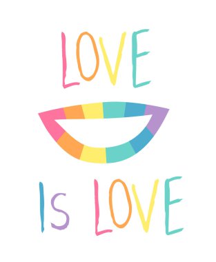 Gökkuşağı rujlu Duygusal Dudaklar ve metin. Çizgi film stili illüstrasyon, gururlu ağız ve alıntı. El çizimi vektör yüz ifadesi ve kelime