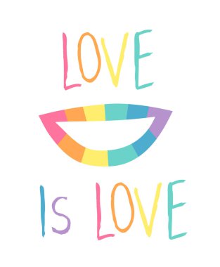 Gökkuşağı rujlu Duygusal Dudaklar ve metin. Çizgi film stili illüstrasyon, gururlu ağız ve alıntı. El çizimi vektör yüz ifadesi ve kelime