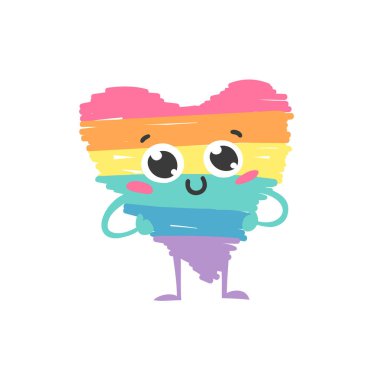 Vektör Doodle İllüstrasyon Gökkuşağı Kalbi emojisi. Çizgi film Gururlu Renkli Çizim Duygusallığı. El Çizimi LGBTQ Bayrak Desteği Gülümsemesi