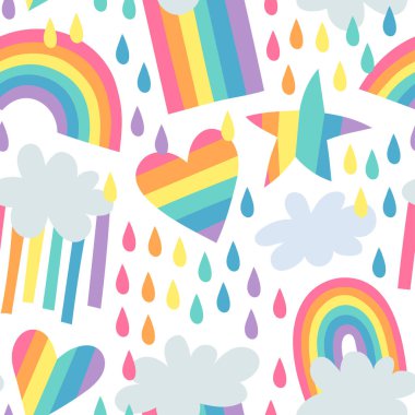 Gökkuşağı Çizimi ile Kusursuz Şablon Vektörü. Çizgi film Gurur Renkli Çizim Arkaplanı. El Çizimi LGBTQ Bayrak Desteği Çizimi