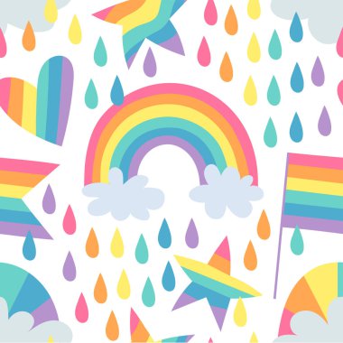 Gökkuşağı Çizimi ile Kusursuz Şablon Vektörü. Çizgi film Gurur Renkli Çizim Arkaplanı. El Çizimi LGBTQ Bayrak Desteği Çizimi