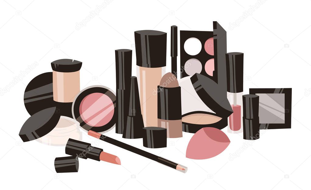 Hand Drawn Cartoon Fashion Illustration Makeup Tools. Vector Set Drawing Beauty Products. Art Work Collection Decorative Cosmetics
