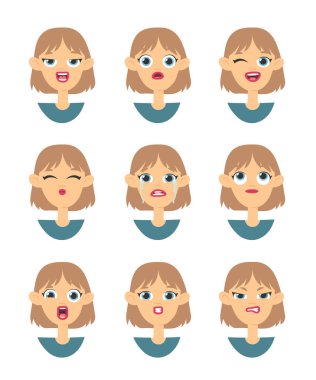 Duygusal kadın emojisi. Çizgi film stili çizim kadın simgesi. İzole edilmiş el çizimi vektör yüz ifadesi. Farklı Duyguları İfade Eden Jestler Koleksiyonu