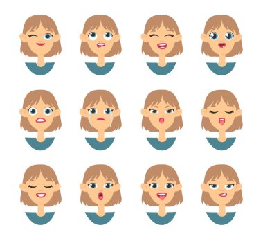 Duygusal kadın emojisi. Çizgi film stili çizim kadın simgesi. İzole edilmiş el çizimi vektör yüz ifadesi. Farklı Duyguları İfade Eden Jestler Koleksiyonu
