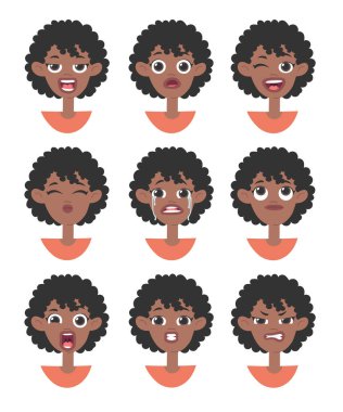 Duygusal kadın emojisi. Çizgi film stili çizim kadın simgesi. İzole edilmiş el çizimi vektör yüz ifadesi. Farklı Duyguları İfade Eden Jestler Koleksiyonu