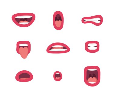 Duygusal kadın dudakları. Çizgi film tarzı kadın ağzı. İzole edilmiş el çizimi vektör yüz ifadesi. Pembe ruj Hareketleri Koleksiyonu Farklı Duygular İfade Ediyor