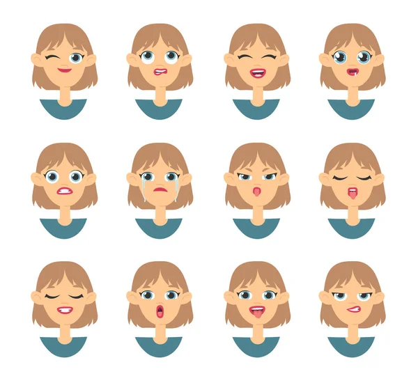 Känslomässiga Kvinnor Emoji Tecknad Stil Illustration Kvinnlig Emoticon Isolerad Handritad — Stock vektor