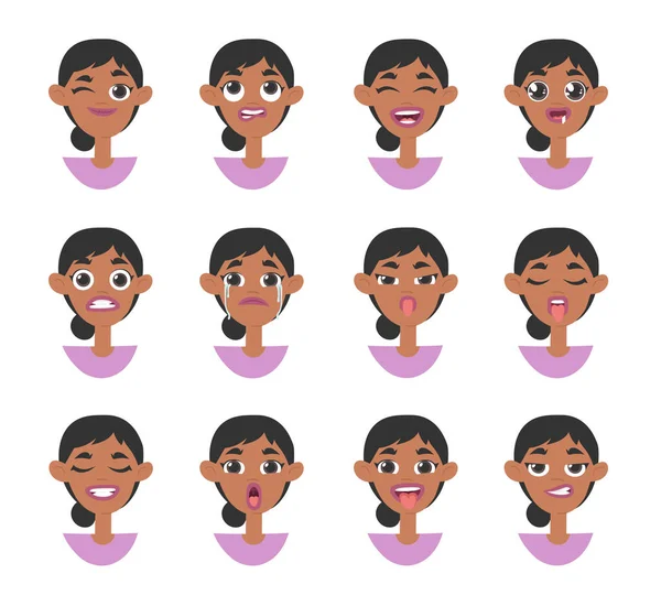 Emocionantes Mujeres Emoji Emoticono Femenino Ilustración Estilo Dibujos Animados Expresión — Vector de stock