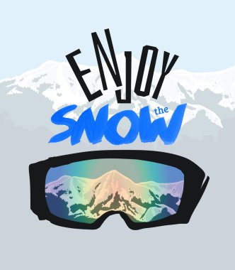 Snowboard gözlükler ve olumlu yazı. Kar keyfini çıkarın.