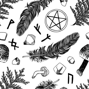 Vector seamless pattern with ritual things, black contour clipart