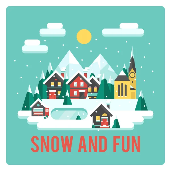 Town in mountains, winter time, snow and fun — Stock Vector