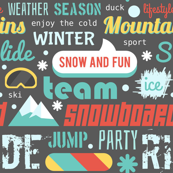 Seamless vector pattern with snowboarding stuff and words, flat design