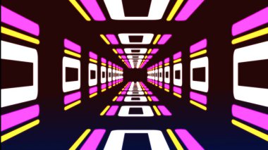 Soyut fütüristik tünelde neon lambalı uçuş animasyonu ile soyut bir arka plan. Kusursuz döngünün animasyonu. Soyut geri çekim döngüsü