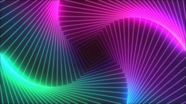 Minimum ince floresan sarmal sonsuz dönüş. Garip holografik arkaplan. Parlak fibonacci kıvrımları mor, mavi ve pembe neon renklerde. Kusursuz döngü canlandırması.