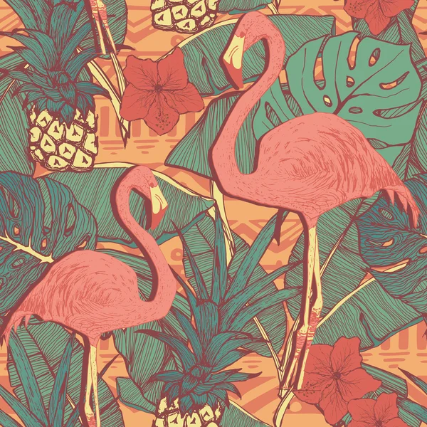 Seamless pattern with flamingo birds and pineapples — Stock Vector