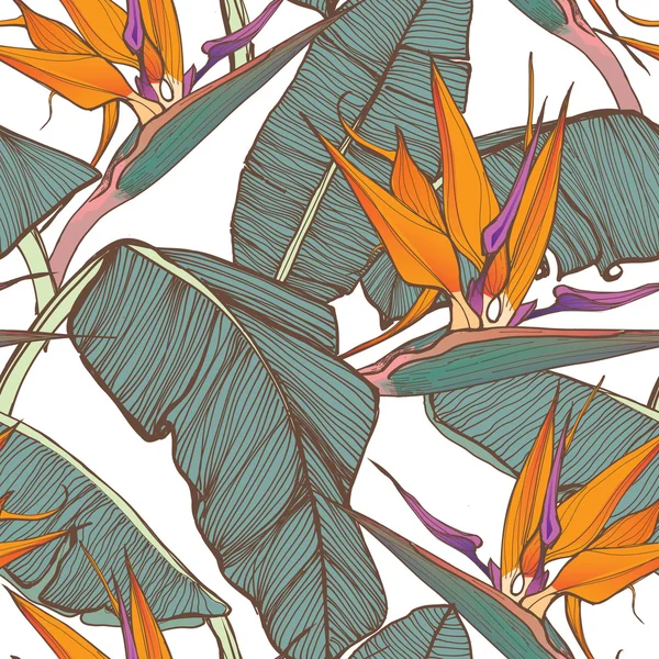 Fondo sin costuras con hojas de palma y flores tropicales — Vector de stock