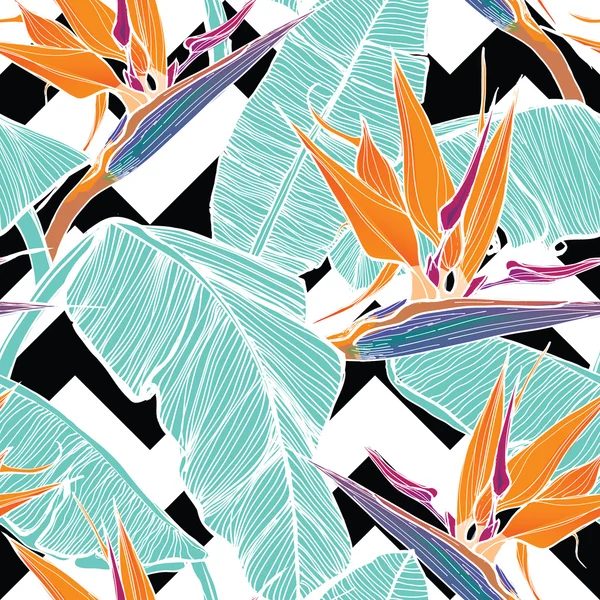 Fond sans couture avec des feuilles de palmier et des fleurs tropicales — Image vectorielle