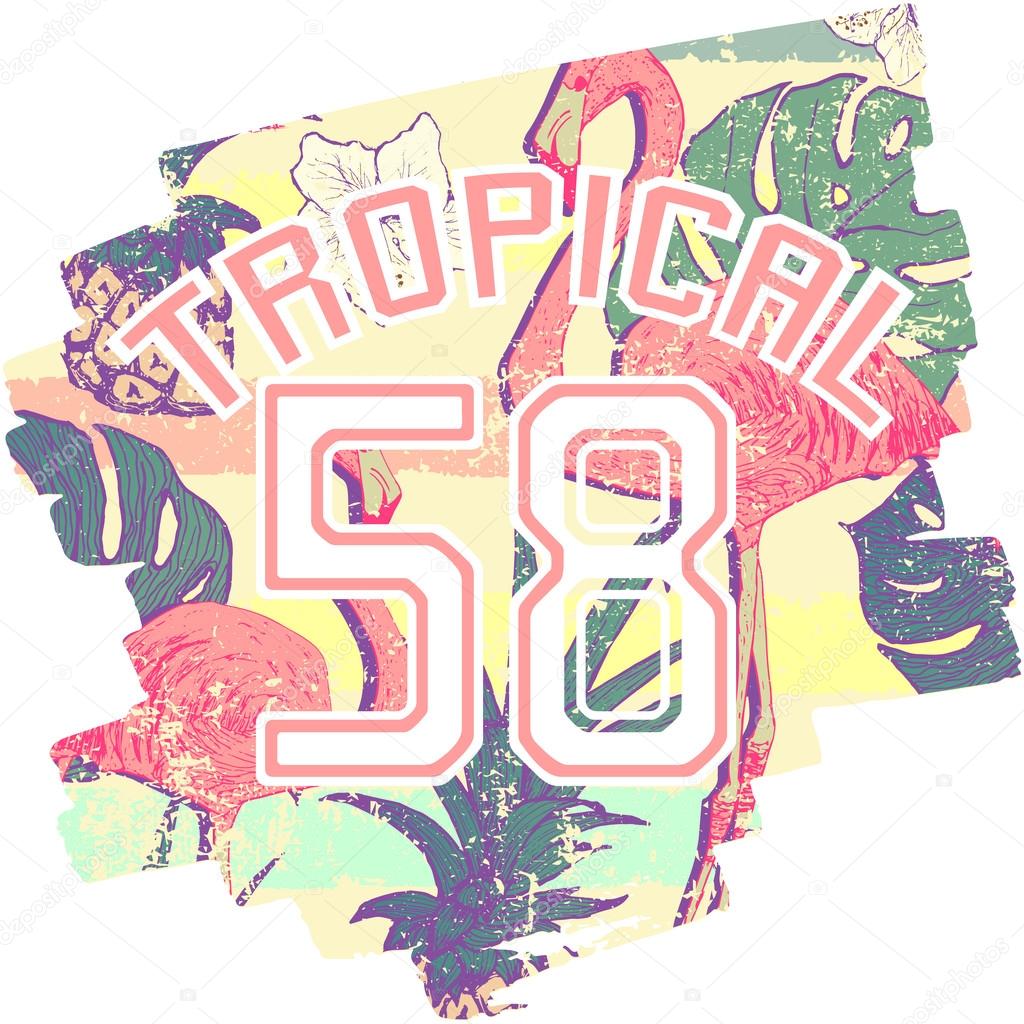 Tropical print with flamingos and number, vector summer print