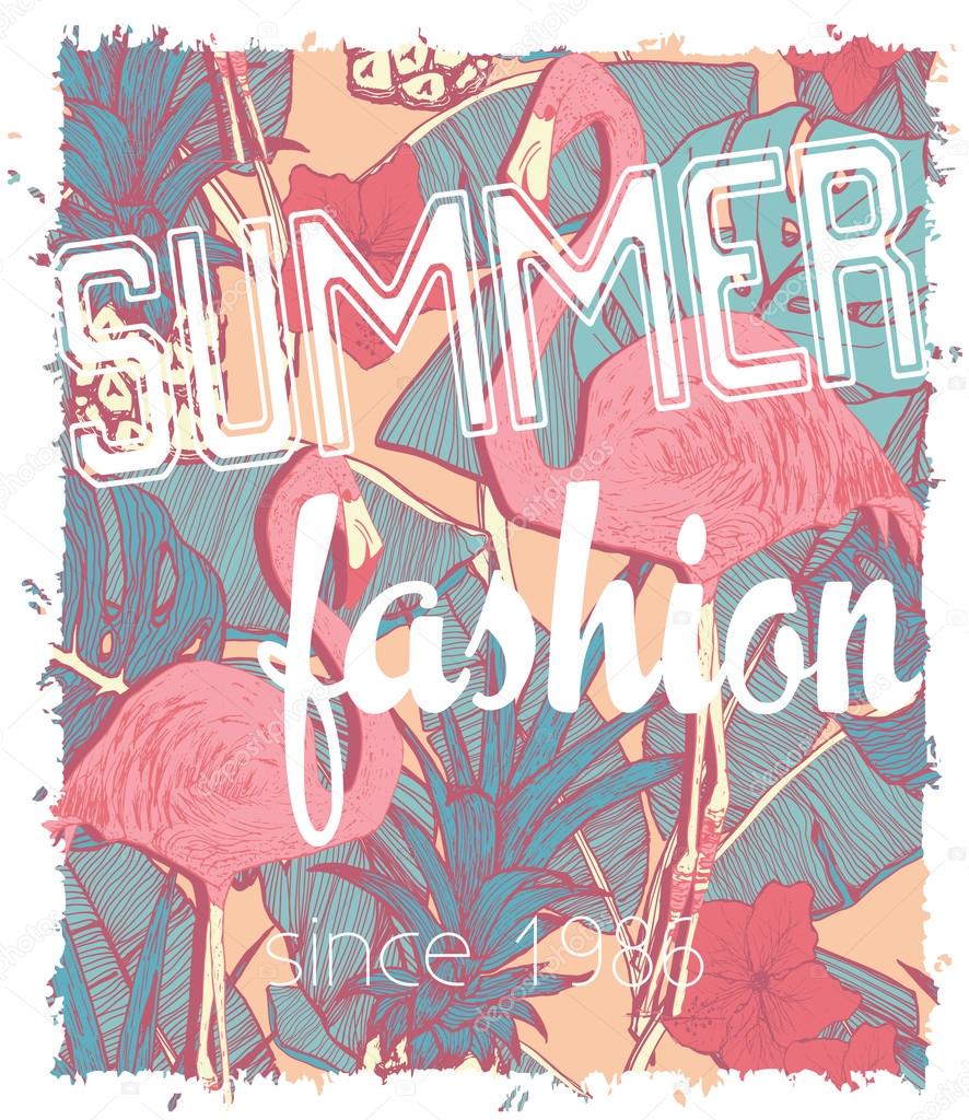 Tropical print with flamingo and palm leaves, Vector