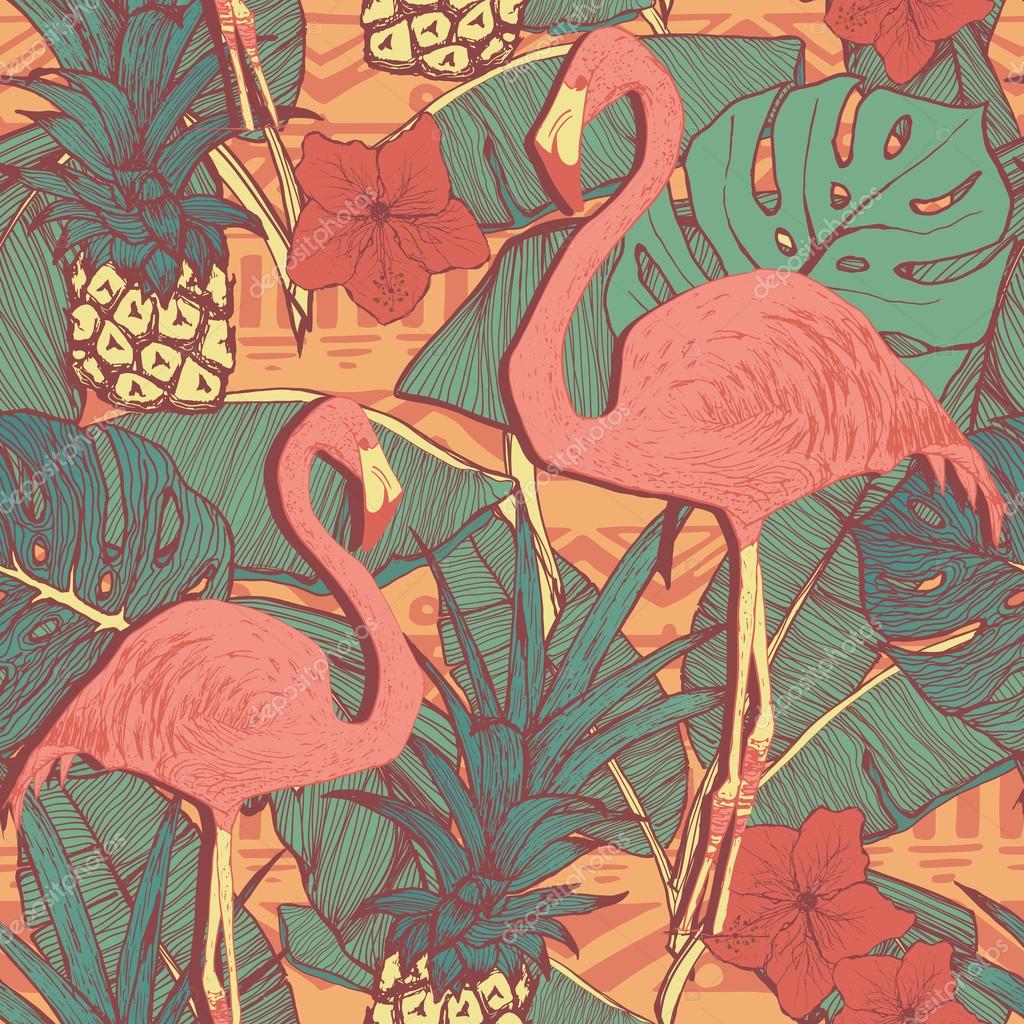 Seamless pattern with flamingo birds and pineapples Vector pattern