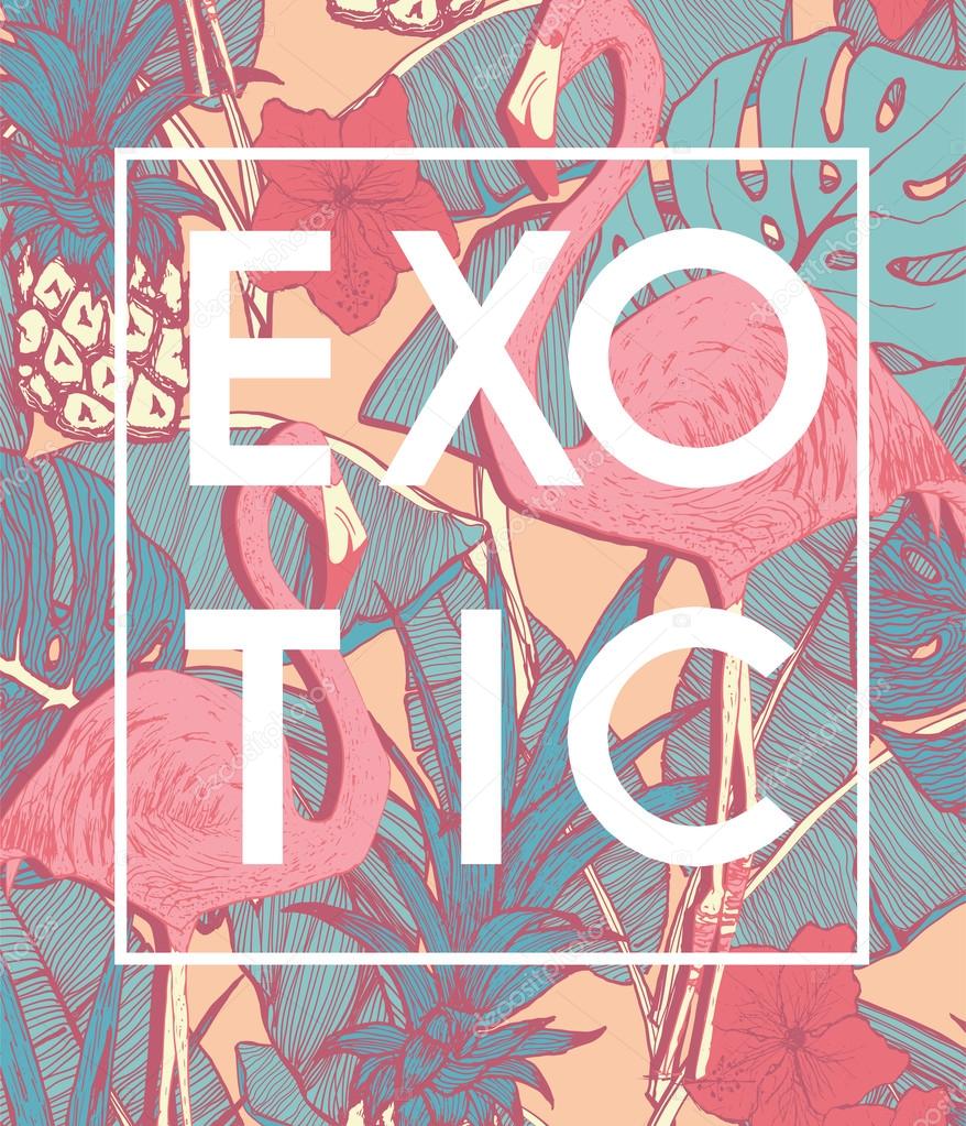 Tropical print with slogan r in vector. Exotic background