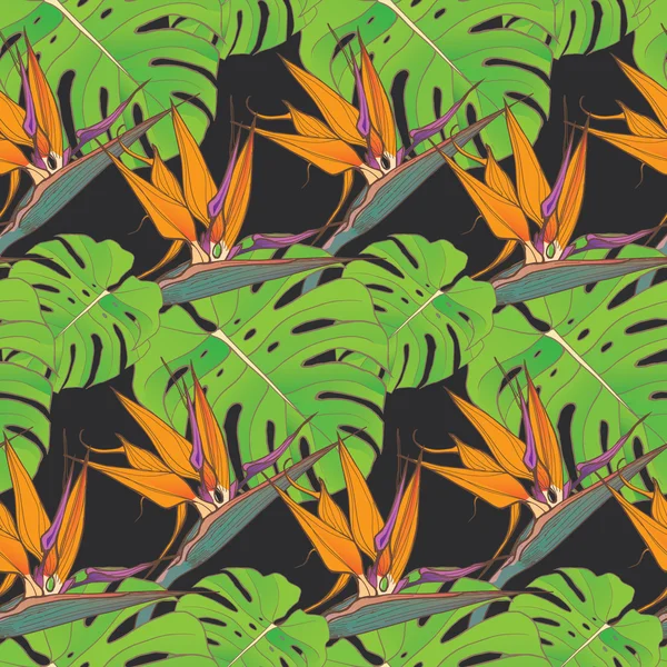 Безшовний фон з пальмовим листям і тропічними квітами — стоковий вектор