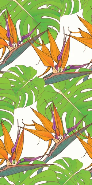 Seamless background with palm leaves and tropical flowers — Stock Vector