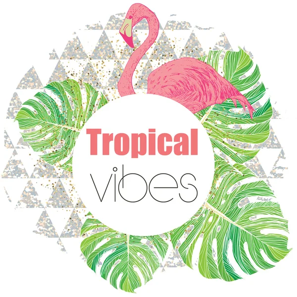 Tropical exotic summer print with palm leaves and flamingo — Stock Vector
