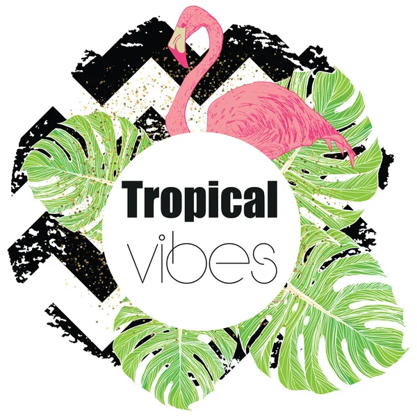 Impression estivale exotique tropicale avec feuilles de palmier et flamant rose Vecteur En Vente
