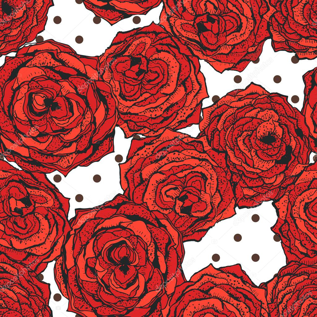 Seamless vector pattern with red flowers and dots