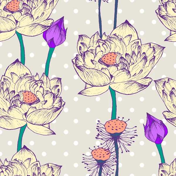 Lotus çiçeği ve noktalar ile sorunsuz vektör desen