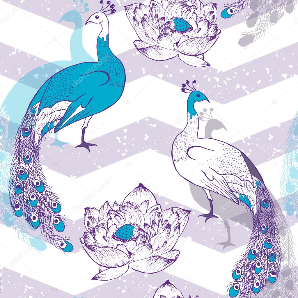 Seamless pattern with peacock birds in vector