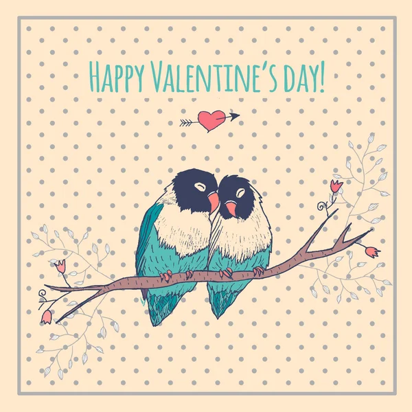 Happy Valentines day card with love birds and background pattern, heart — Stock Vector