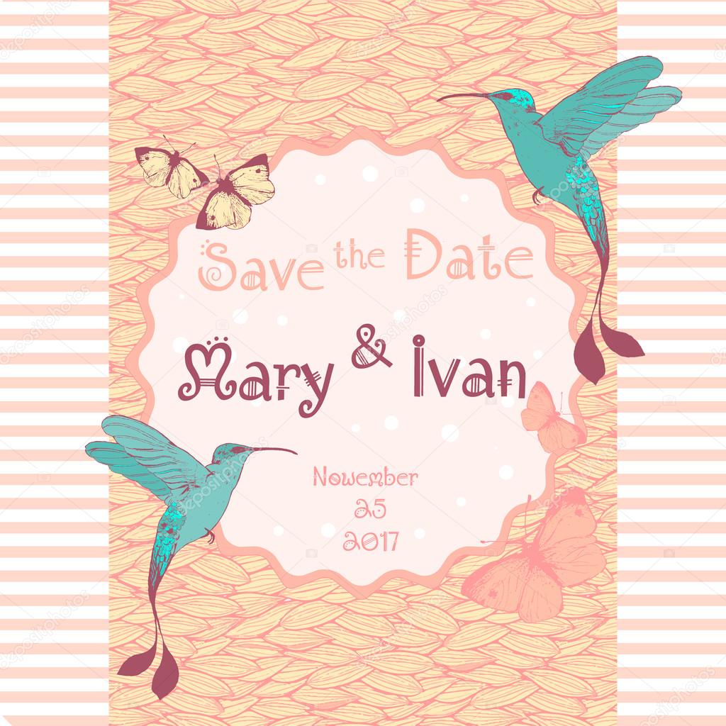 wedding invitation card editable with background chevron, font, type, butterflies and birds vector