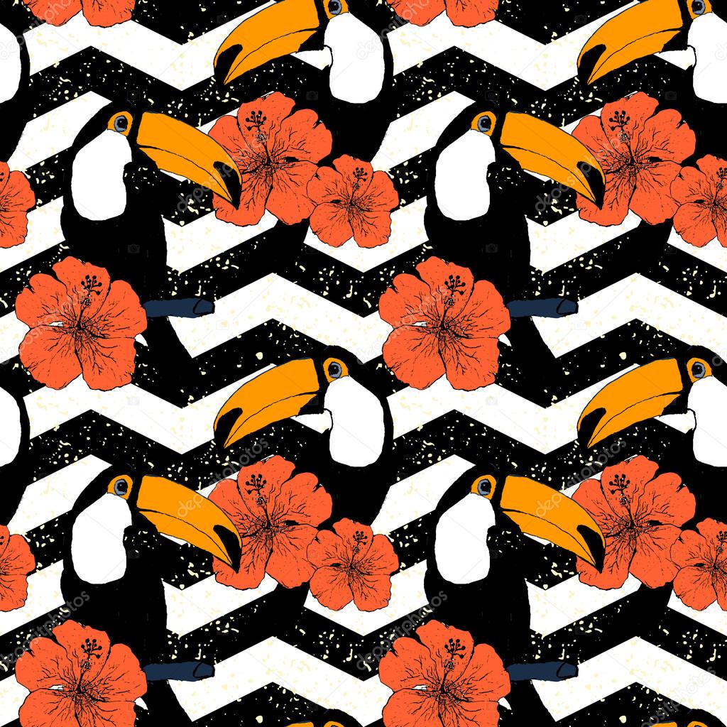 Hand drawn seamless pattern with toucans in vector