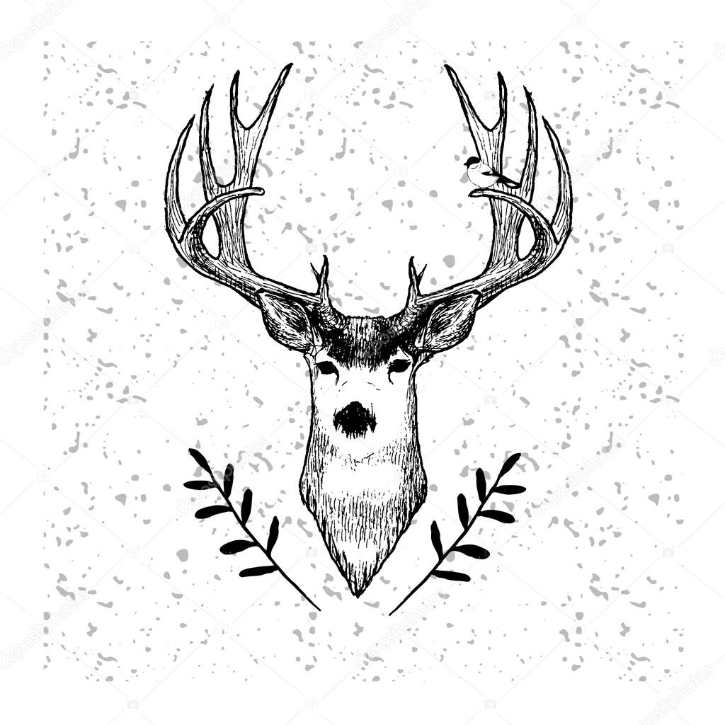 Cute hand drawn deer with bird on grange pattern in vector