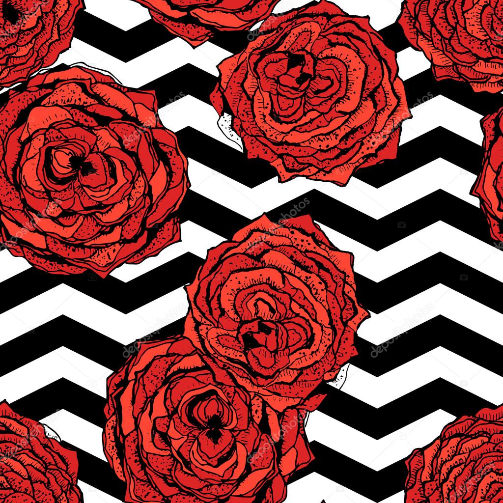 chevrons seamless pattern background with hand drawn roses. Retro vintage design. Vector