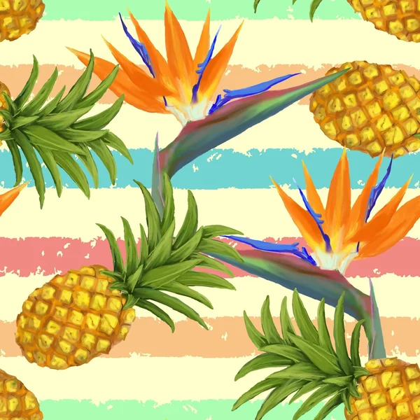 Flores exóticas tropicales y patrón sin costuras de piña en vector — Vector de stock