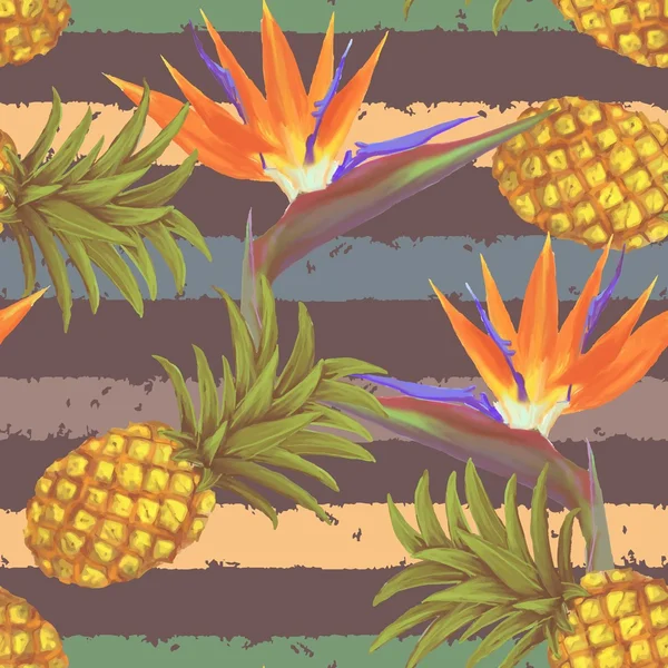 Тропические экзотические цветы и ананас бесшовный рисунок в векторе — стоковый вектор