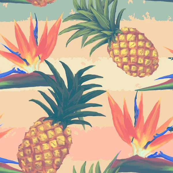 エキゾチックな熱帯の花やパイナップルのシームレス パターン — ストックベクタ