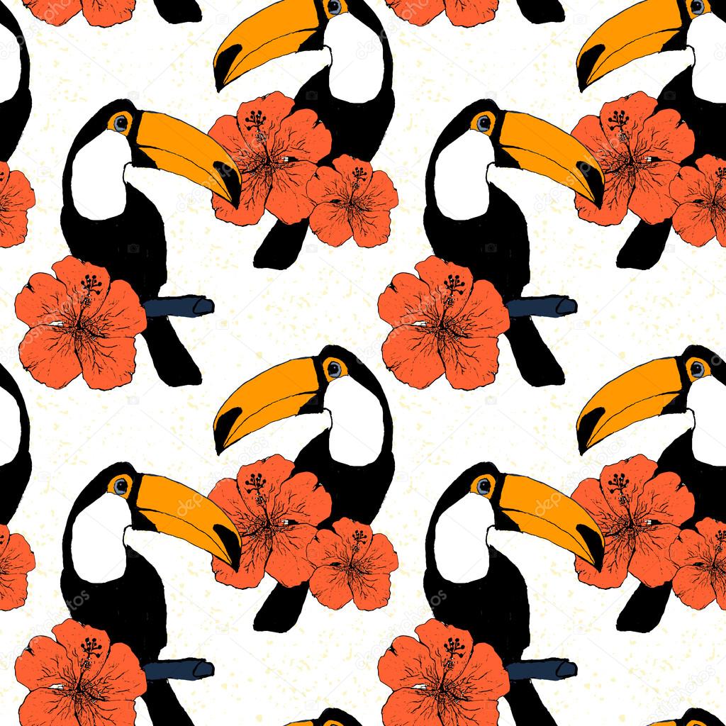 Hand drawn seamless pattern with toucans in vector