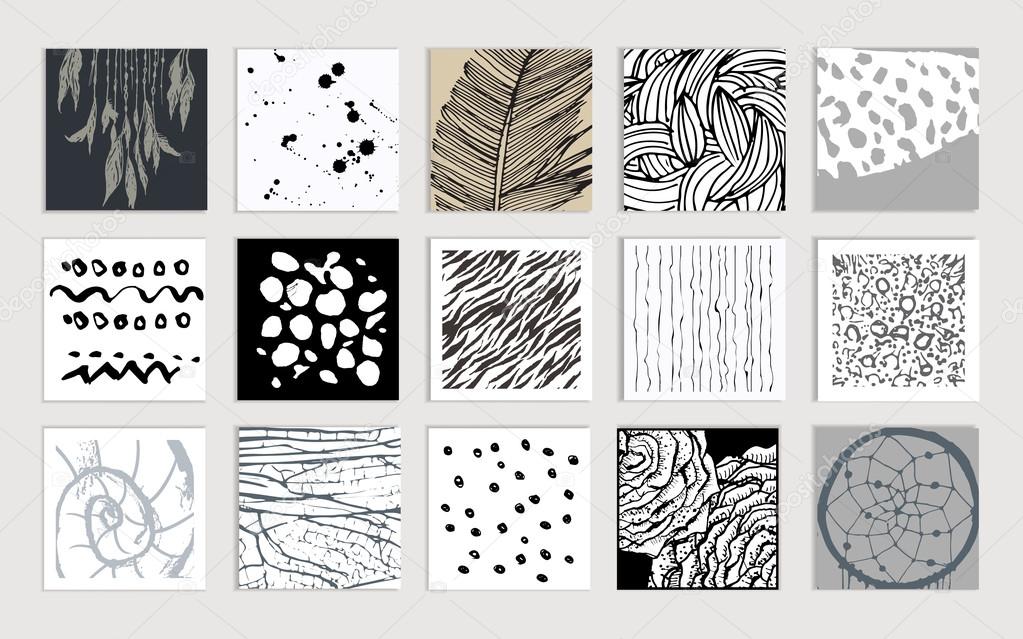 Set of creative cards. Hand Drawn textures made with ink. Vector. Isolated