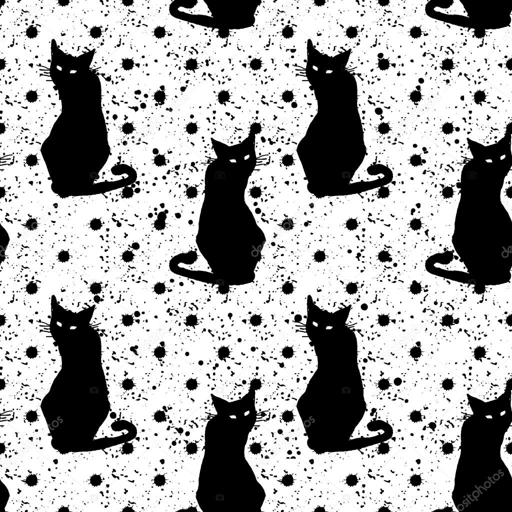 Hand drawn seamless pattern with black cats . Vector