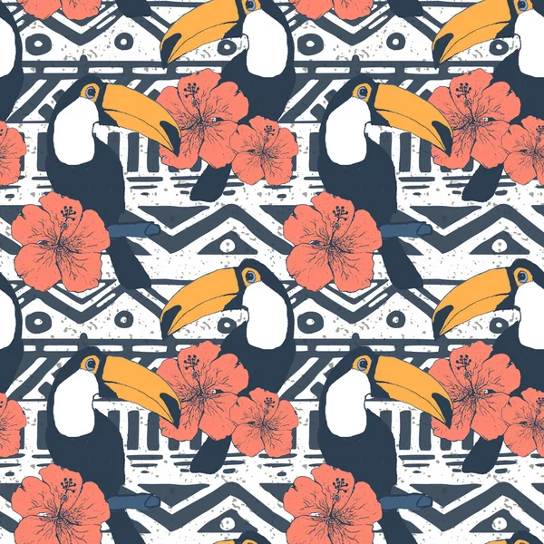 Modèle tribal sans couture vectoriel avec toucans. Ornement géométrique imprimé ethnique — Image vectorielle