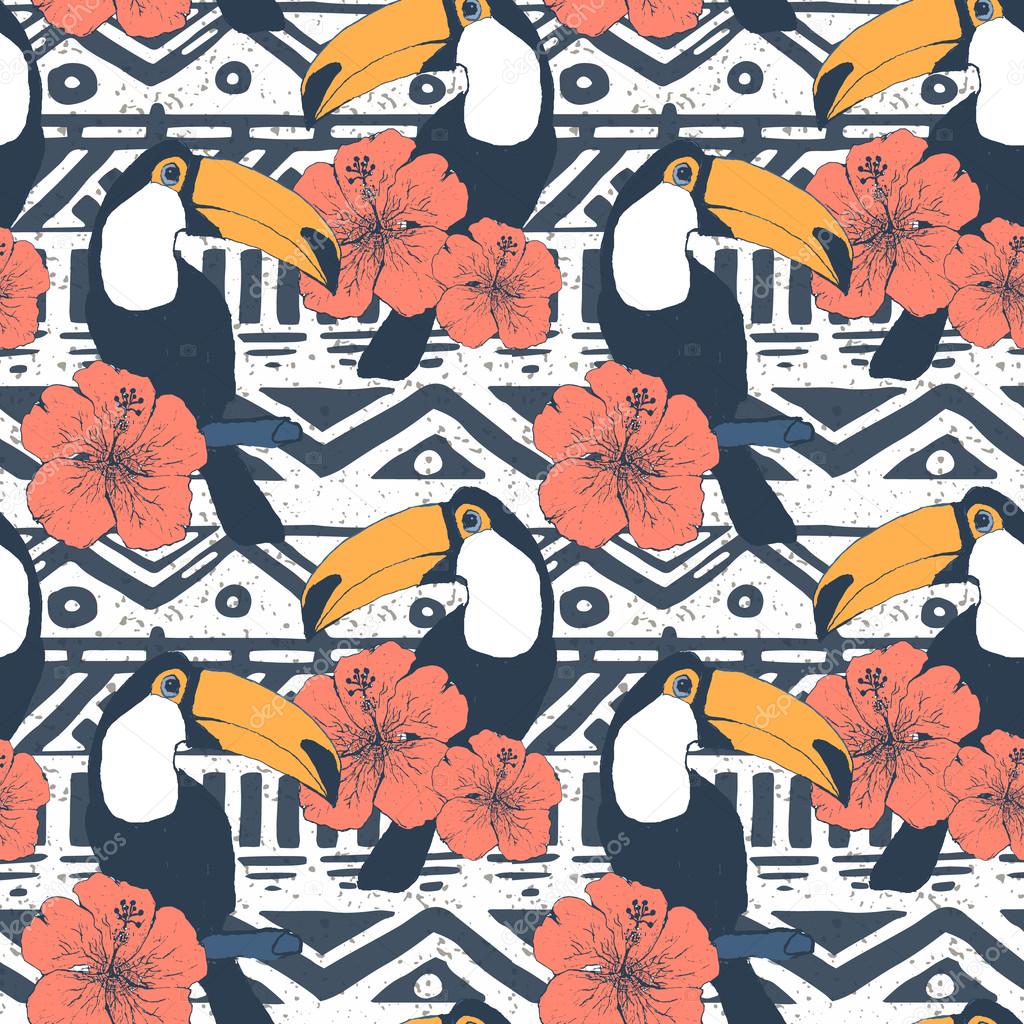Vector Seamless Tribal Pattern with toucans. Geometrical Ethnic Print Ornament