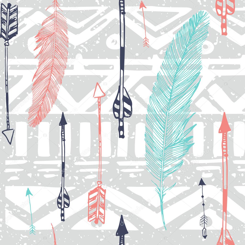 Seamless Aztec Tribal pattern with feather and arrows in vector