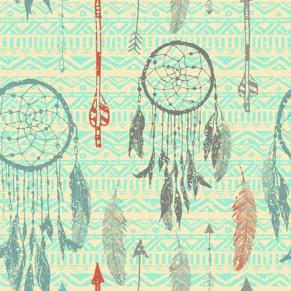 Ilustración vectorial sin fisuras con atrapasueños en el fondo tribal sin fisuras. ilustración dibujada a mano. Fondo vintage — Archivo Imágenes Vectoriales