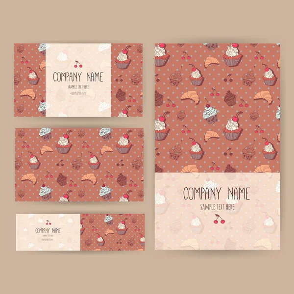 Vektör iş şablonu şirin elle çizilmiş tatlı resimli ayarla. Restoran veya öğeleri marka Cafe. El ilanı tasarımı ile kekler ve tatlılar. 