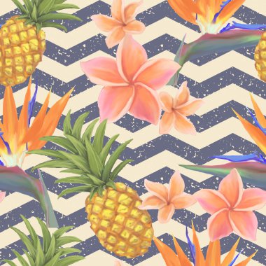 Tropikal egzotik çiçekler ve ananas sorunsuz arka planda vektör